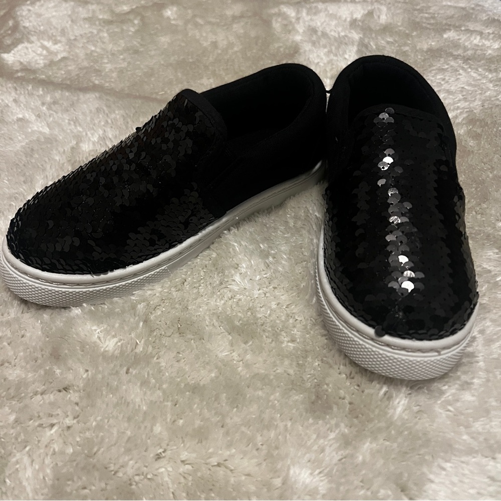 Girls Black Sequin Slip-On Sneakers
